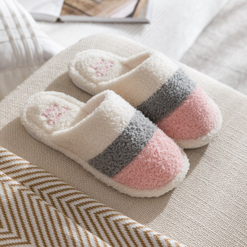 Advbridge Winter Home Cotton Warm Slippers Women Men Fur Shoes Cute Non-slip Soft Sole Indoor Bedroom House Female Couples Furry Slides