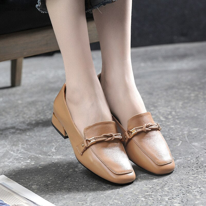 Advbridge Fashion New First Layer Cowhide Leather Single Shoes Autumn Mid-heel Comfortable and Elegant Leather Shoes Ladies Loafers