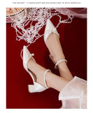 Advbridge Cute Sandals White Satin  Buckle Strap Dress Bride Minority Bridesmaid Summer Pearls Bow Thick Heel Women's Middle Heel
