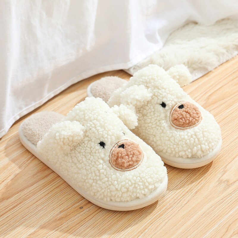 Advbridge Winter Home Cotton Slippers Warm Shoes Cute Bear Non-Slip Fur Soft Sole Indoor Bedroom House Women Men Couple Female Slides