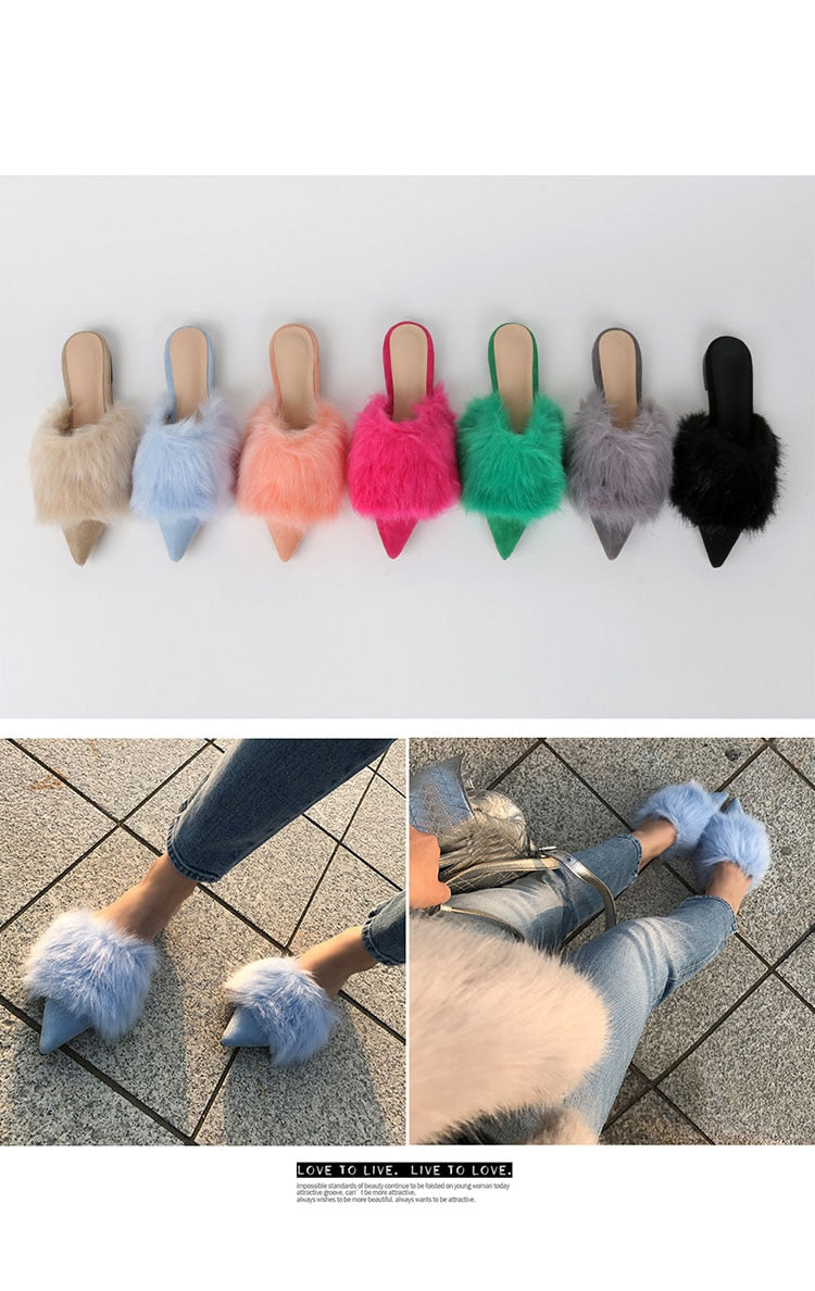 Advbridge real rabbit fur women slippers pointed toe slides shoes with long fur mules woman luxury pantoufle femme real furry footwear 616