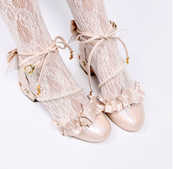 Advbridge Summer kawaii girl sweet lolita shoes vintage round head thick heel women shoes cute lace ruffle bowknot pearl kawaii sandals
