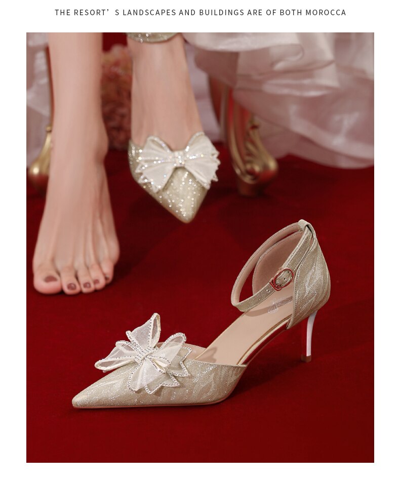 Advbridge Daily Wedding Shoes French Bride Crystal Shoes Minority Dress Shoes Summer Rhinestone Bow High-heeled Sandals Fairy Style