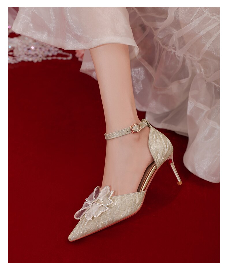 Advbridge Daily Wedding Shoes French Bride Crystal Shoes Minority Dress Shoes Summer Rhinestone Bow High-heeled Sandals Fairy Style