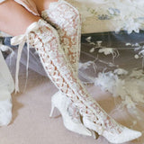 Advbridge Romantic Floral Lace Ribbons Bandage Over Knee Boots Women Kitten Heel Wedding Boots Lace Mesh Prom Ball Thigh Botas