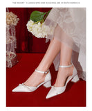 Advbridge White Wedding Shoes Thick Heel Bridesmaid Shoes Main Wedding Dress Bride Shoes  Feet French Pearl Sandals Women Summer Heel