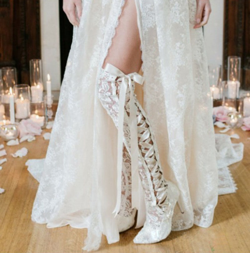 Advbridge Romantic Floral Lace Ribbons Bandage Over Knee Boots Women Kitten Heel Wedding Boots Lace Mesh Prom Ball Thigh Botas