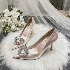 Advbridge French Main Wedding Wedding Shoes Bridesmaids Shoes Champagne Crystal Diamond Button Dress Single Shoes Satin White Heels