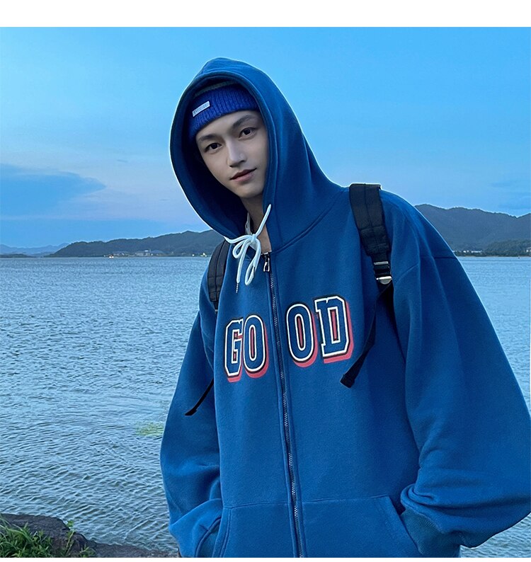 Advbridge Letter Print Zip Up Hoodies for Mens Korean Fashion Trends Streetwear Teenage Oversized Track Sweatshirts Spring Casual Clothing