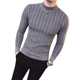 Advbridge New Autumn Winter High Collar Striped Sweater Fashion Boutique Solid Color Men's Casual Knit Pullover Tight Fashion Mens Sweater