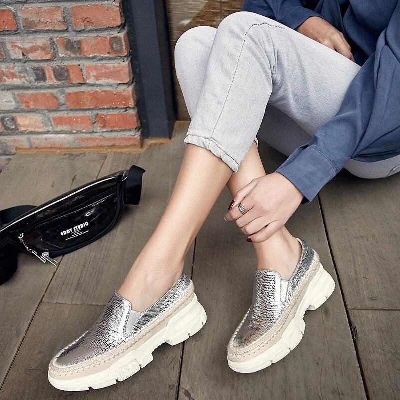 Advbridge Causal Loafers Metal Sheepskin Women Flats Slip On Ladies Simple Shoes Silver Color Platform Footwear