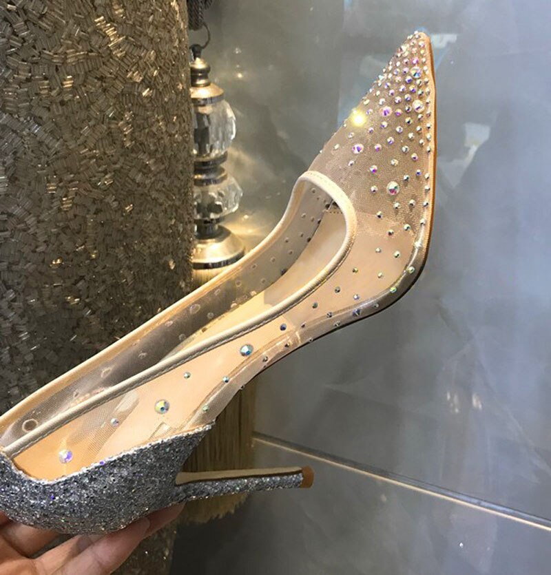 Advbridge Charming Ladies Glitter Rhinestone Mesh Pumps Pointed Toe Summer Nude Black Lace Crystal Sequined High Heels Wedding Shoes