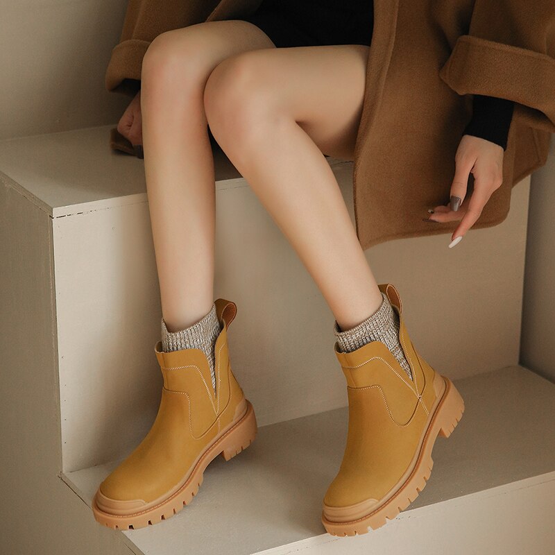 Advbridge Woman Ankle Boots Elastic Band Plush Inner Women Shoe Neutral Style Split Leather Chelsea Boots Ladies Winter Shoes bota mujer