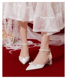 Advbridge Cute Sandals White Satin  Buckle Strap Dress Bride Minority Bridesmaid Summer Pearls Bow Thick Heel Women's Middle Heel