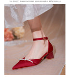 Advbridge White Wedding Shoes Thick Heel Bridesmaid Shoes Main Wedding Dress Bride Shoes  Feet French Pearl Sandals Women Summer Heel