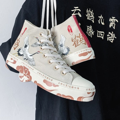 Advbridge High-Top Canvas Shoes Women's Shoes Chinese Style Retro Chic Sneakers Girls Gumshoes Floral Crane Female Leisure Shoe 35-40