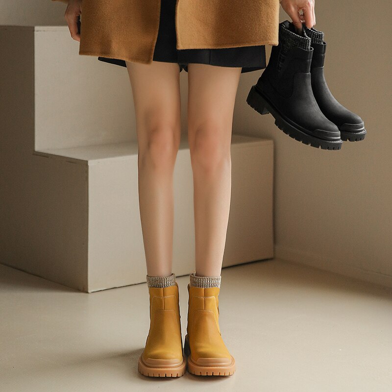 Advbridge Woman Ankle Boots Elastic Band Plush Inner Women Shoe Neutral Style Split Leather Chelsea Boots Ladies Winter Shoes bota mujer