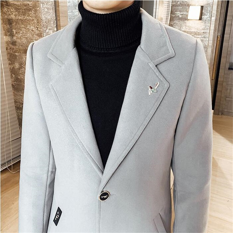 Autumn Winter Long Solid Color Windbreaker Coat 2021 New Men Woolen Coat s Plus Size 5XL Men&#39;s Slim Fashion Windbreaker Jacket