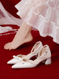Advbridge Cute Sandals White Satin  Buckle Strap Dress Bride Minority Bridesmaid Summer Pearls Bow Thick Heel Women's Middle Heel