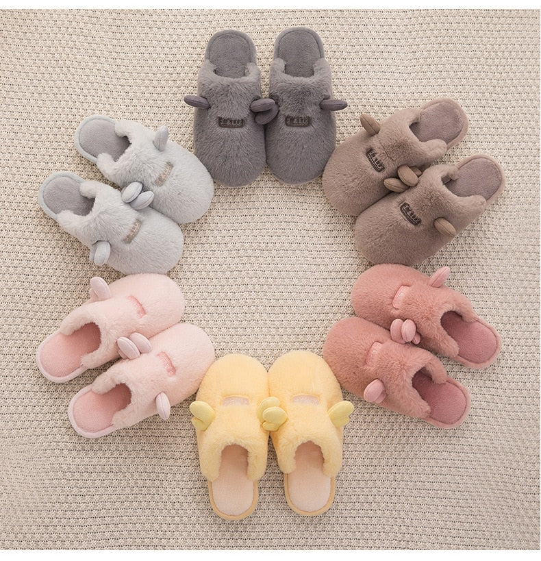 Advbridge Women Winter Slippers Shoes Comfort Cute Ears Fur Non-slip Soft Warm Home Slippers Indoor Bedroom Children Couples Floor Shoes