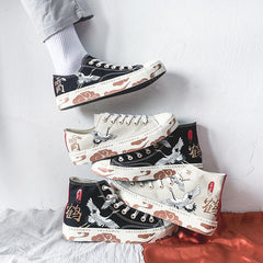 Advbridge High-Top Canvas Shoes Women's Shoes Chinese Style Retro Chic Sneakers Girls Gumshoes Floral Crane Female Leisure Shoe 35-40