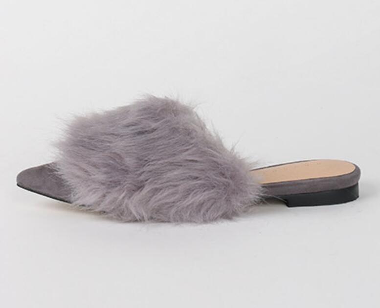 Advbridge real rabbit fur women slippers pointed toe slides shoes with long fur mules woman luxury pantoufle femme real furry footwear 616