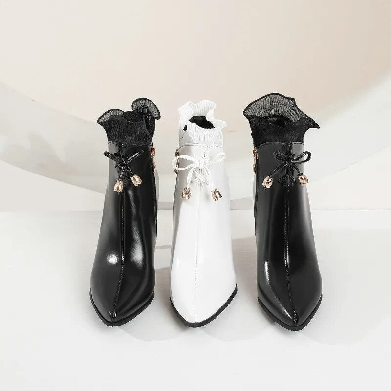 Advbridge Black White Women Ankle Boots Fashion Pointed Toe Thin High Heel Short Boots Side Zipper Dress Woman's Shoes Big Size 34-45