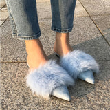 Advbridge real rabbit fur women slippers pointed toe slides shoes with long fur mules woman luxury pantoufle femme real furry footwear 616
