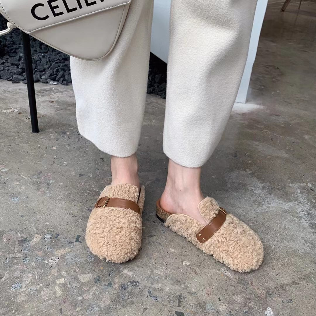 Advbridge Curly Wool Fur Slippers Women Winter Shoes Ladies Fleeces Sandalias Warm Plush Slides Belt Buckle Fluffy Mules Female Pantuflas