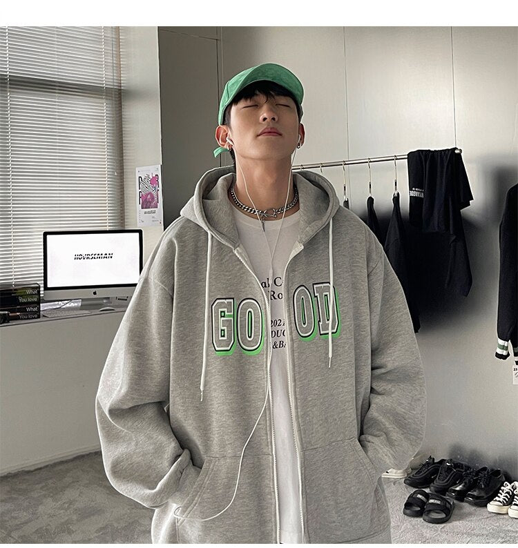 Advbridge Letter Print Zip Up Hoodies for Mens Korean Fashion Trends Streetwear Teenage Oversized Track Sweatshirts Spring Casual Clothing