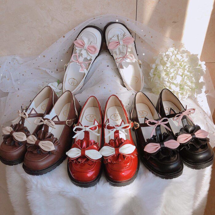 Advbridge Japanese jk uniform sweet lolita shoes vintage round head thick heel women shoes cute bowknot lace ruffle kawaii shoes loli cos