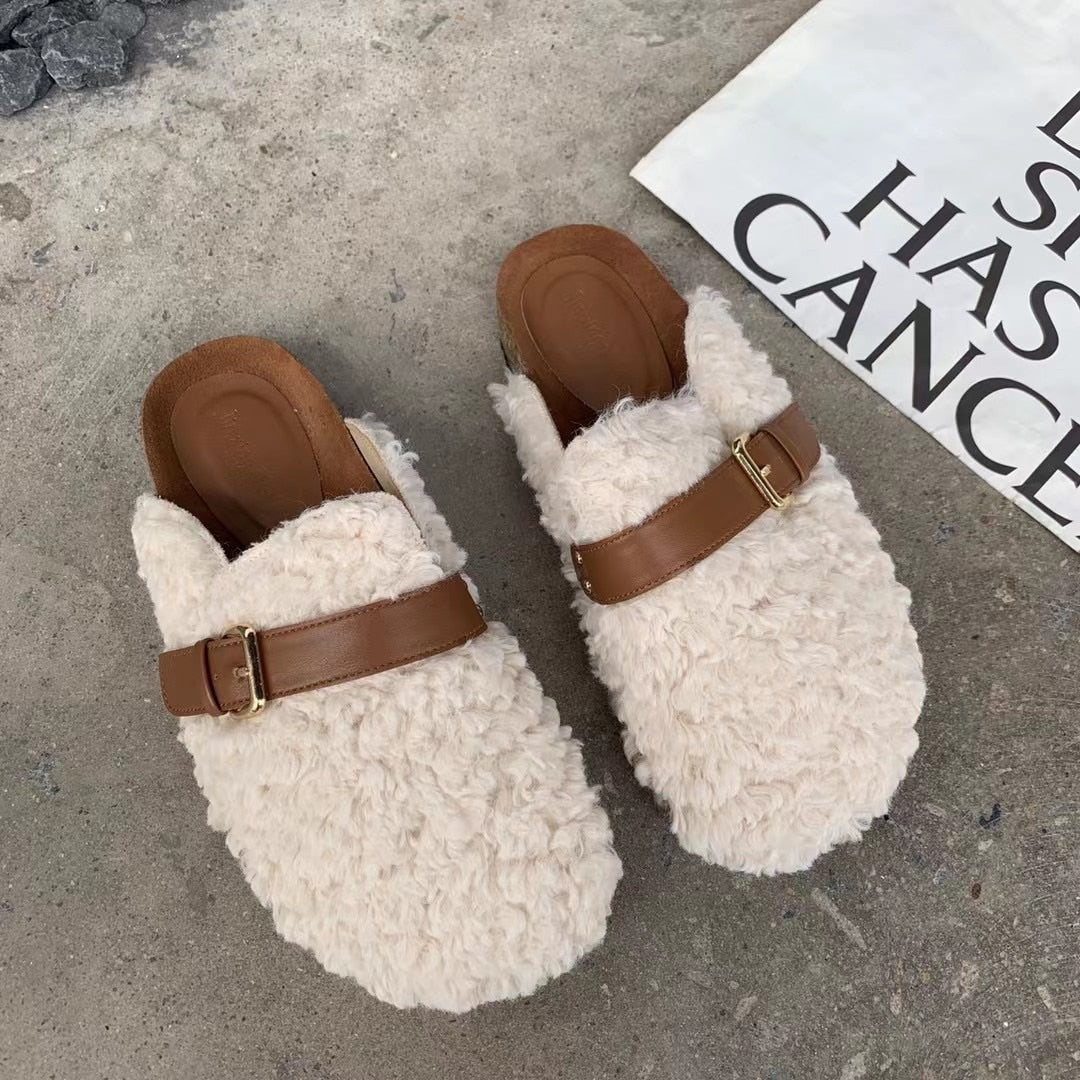 Advbridge Curly Wool Fur Slippers Women Winter Shoes Ladies Fleeces Sandalias Warm Plush Slides Belt Buckle Fluffy Mules Female Pantuflas