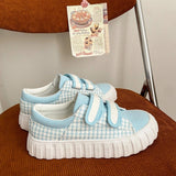 Advbridge Summer Kawaii Girl Sweet Lolita Shoes Thick-bottom Big Head White Shoes Female Soft Girl Blue Grid Retro Canvas Shoes Cosplay
