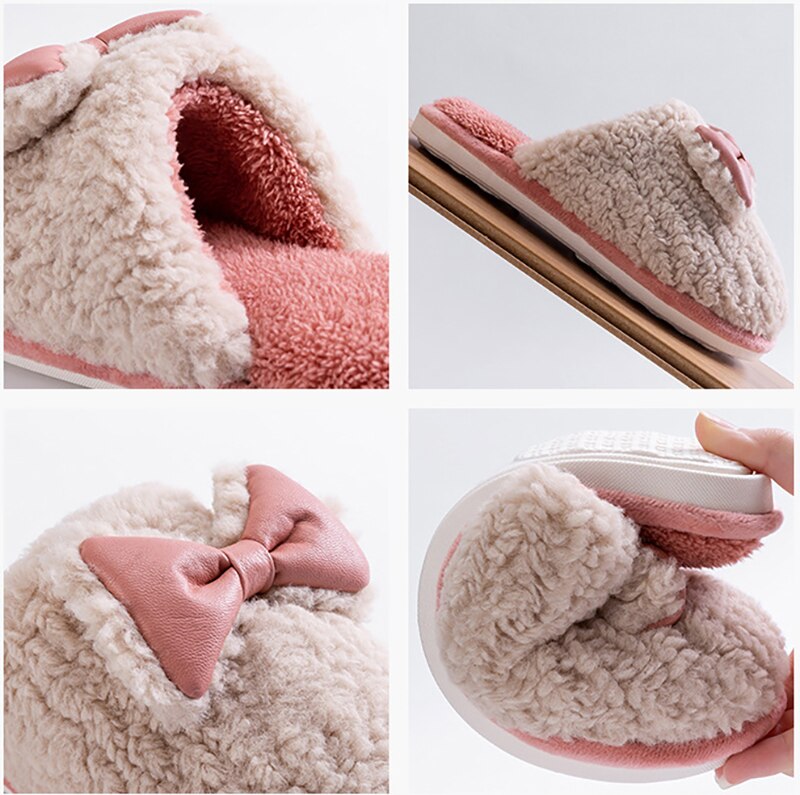 Advbridge Winter Warm Home Slippers Bowknot Cotton Shoes Cute Lovely Cartoon Indoor Bedroom House Women Men Lovers Fur Slides Slippers