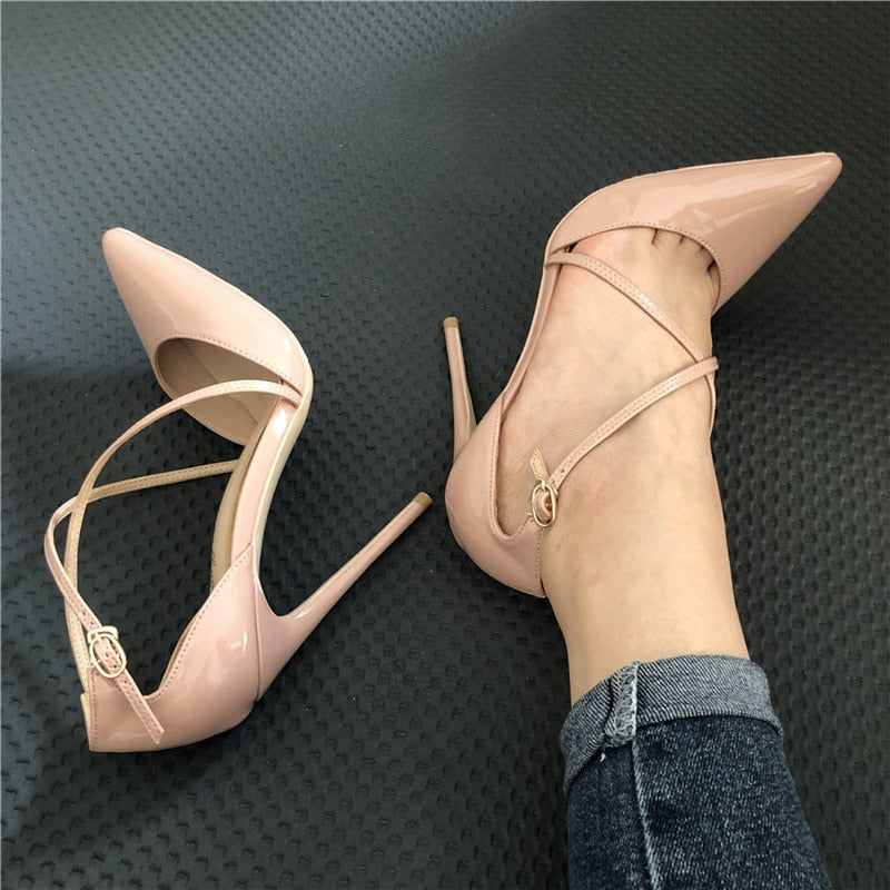 Advbridge 12cm Women Patent PU Cross Strap Stiletto Pumps Pointed Toe 10cm High Heels for Elegant Ladies Chic Dress Shoes QP101 ROVICIYA