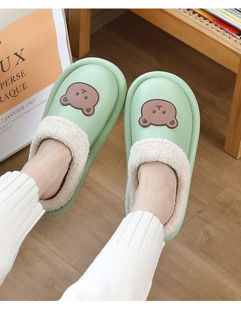 Advbridge Cartoon Bear Winter Slippers Warm Women Shoes Waterproof Non-Slip Female Home Slippers Couples Indoor Outdoor Cotton Shoes