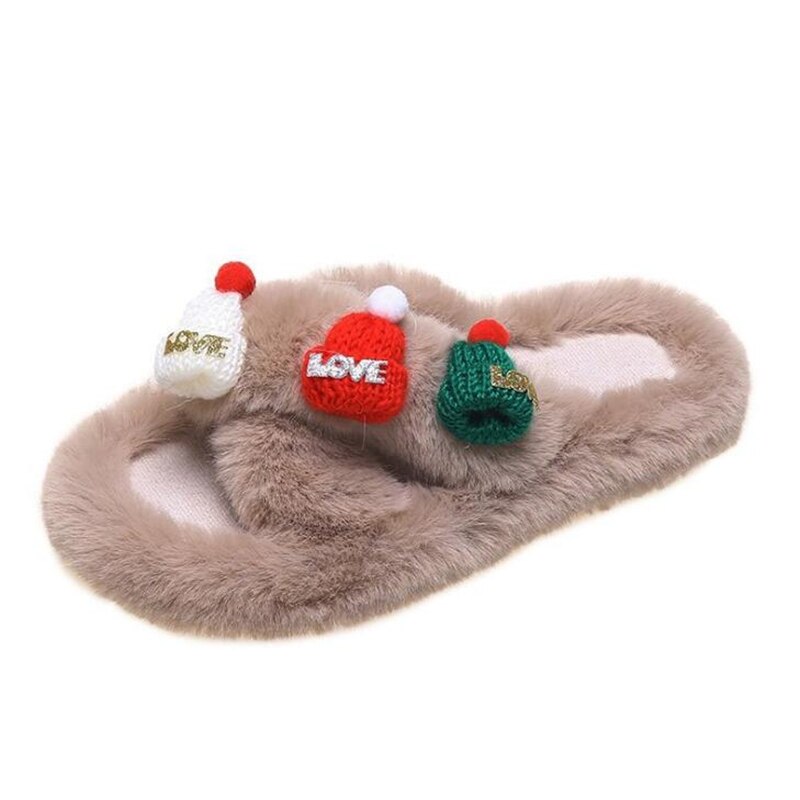 Advbridge Christmas Slippers Women Soft Faux Fur Cross Indoor Floor Slides Ladies Warm Fluffy Outdoor Slippers Female Cozy Shoes Flip Flop