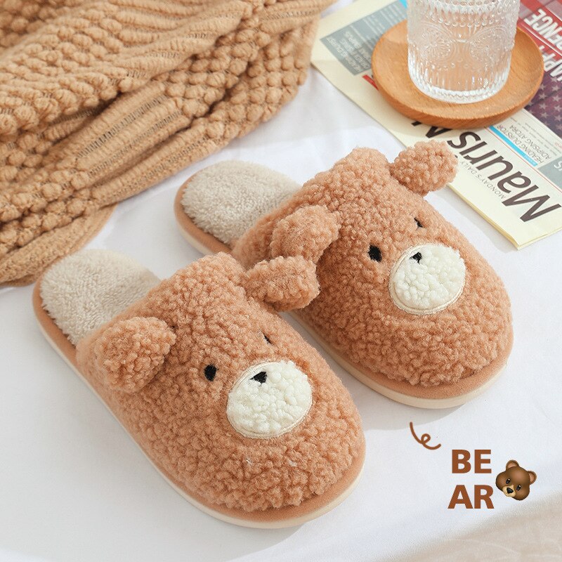 Advbridge Winter Home Cotton Slippers Warm Shoes Cute Bear Non-Slip Fur Soft Sole Indoor Bedroom House Women Men Couple Female Slides