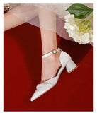 Advbridge White Wedding Shoes Thick Heel Bridesmaid Shoes Main Wedding Dress Bride Shoes  Feet French Pearl Sandals Women Summer Heel
