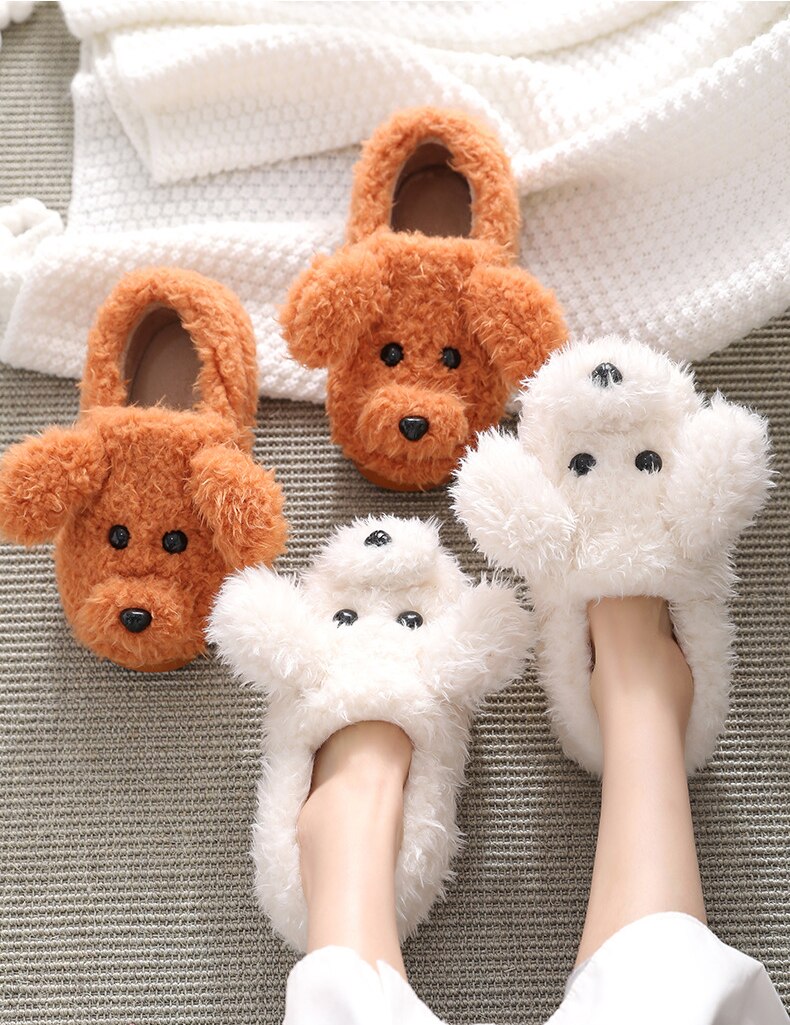 Advbridge Winter Home Slippers Warm Shoes Fashion Women Men Non-Slip Dog Cute Fur Soft Sole Indoor Bedroom House Couple Female Slides