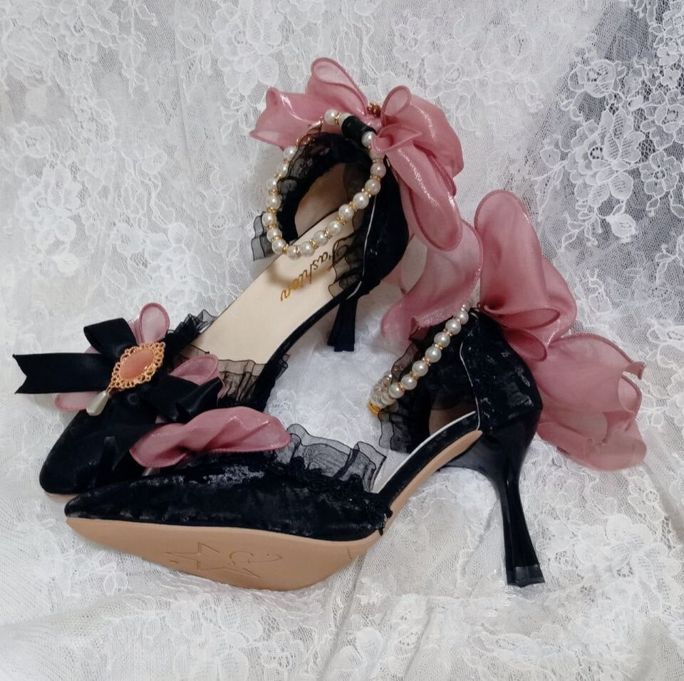 Advbridge Lolita Bridal Wedding Stiletto High Heels 6-8cm Shoes Bow Lady Girls Sweet Pointed Toe Princess Kawaii Tea Party Cute Lo Shoes