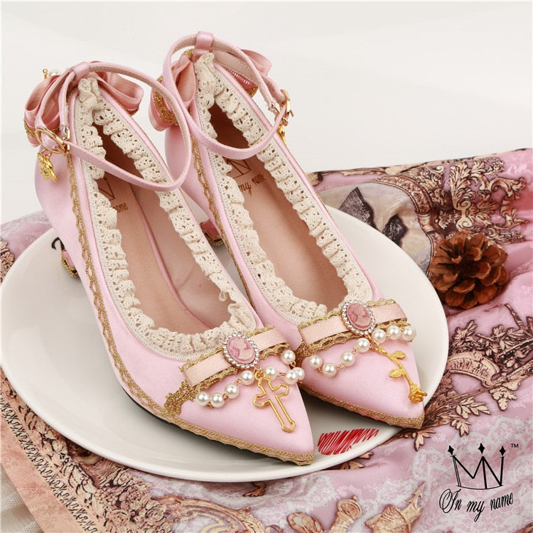 Advbridge Princess tea party kawaii  court retro lace bowknot shallow mouth lolita high heel pointed pearl elegant women shoes loli cos