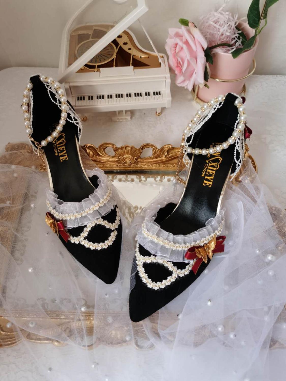 Advbridge Lolita black flower feast French palace vintage Chinese style high heels kawaii shoes cosplay loli women shoes princess kawaii