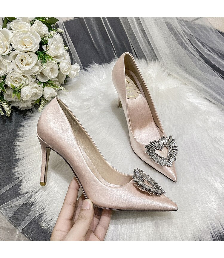 Advbridge French Main Wedding Wedding Shoes Bridesmaids Shoes Champagne Crystal Diamond Button Dress Single Shoes Satin White Heels