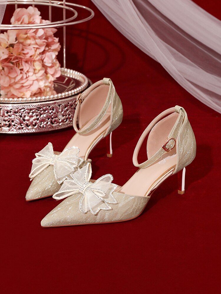 Advbridge Daily Wedding Shoes French Bride Crystal Shoes Minority Dress Shoes Summer Rhinestone Bow High-heeled Sandals Fairy Style