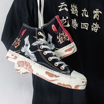 Advbridge High-Top Canvas Shoes Women's Shoes Chinese Style Retro Chic Sneakers Girls Gumshoes Floral Crane Female Leisure Shoe 35-40