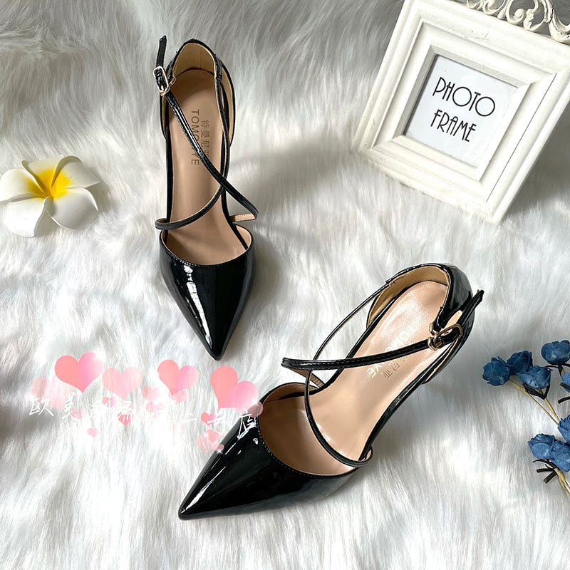 Advbridge Hot sale brand designer TOMONYE black patent cross open in middle women lady girl 12cm 100mm 8cm thin heel pump shoes on sale