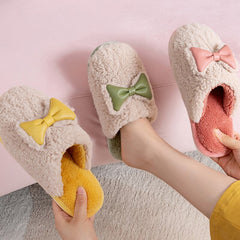 Advbridge Winter Warm Home Slippers Bowknot Cotton Shoes Cute Lovely Cartoon Indoor Bedroom House Women Men Lovers Fur Slides Slippers