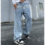 Advbridge Fashion Men Straight Jeans Blue Washed Embroidered Trousers Street Style Male Trendy Printed Jeans Big Size