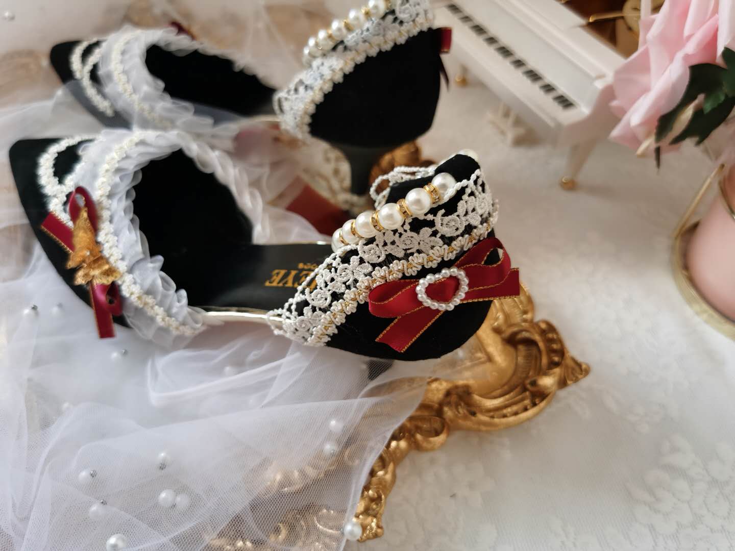 Advbridge Lolita black flower feast French palace vintage Chinese style high heels kawaii shoes cosplay loli women shoes princess kawaii